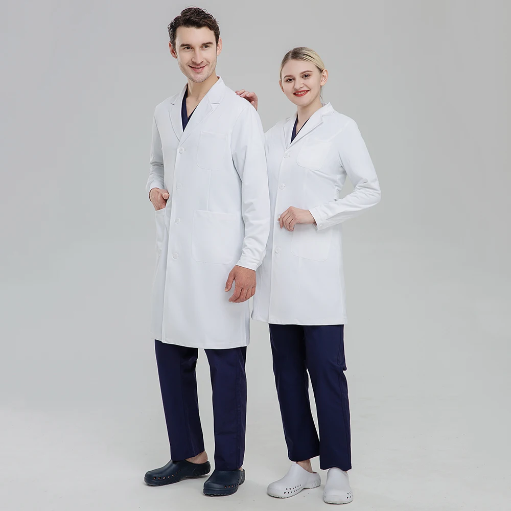 Custom LOGO Men And Women Medical Uniform White Lab Coat With Notch Collar Long Sleeve Doctor Gown Hospital Surgical Robe