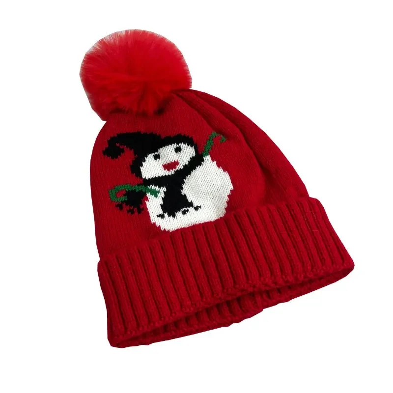 2024 Unisex Plush Knitted Beanie Hat Acrylic Snowman Christmas Hat with Fur Ball for Children Winter Daily Use Festivals