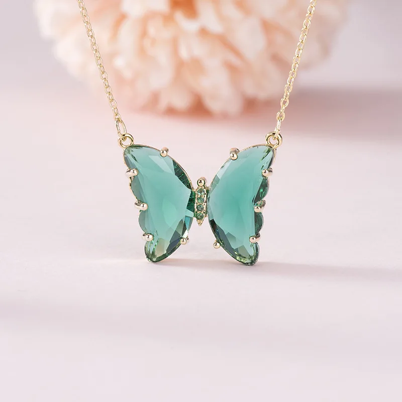 2020 INS Hot Colorful New Creative Real Gold Plated Green Glass Butterfly Necklace Clear Crystal Butterfly Necklace For Women Gi