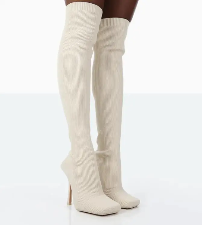 stiletto  heel  square toe  over the knee thigh high long  nude ribbed knit  sock boot for women or laddies