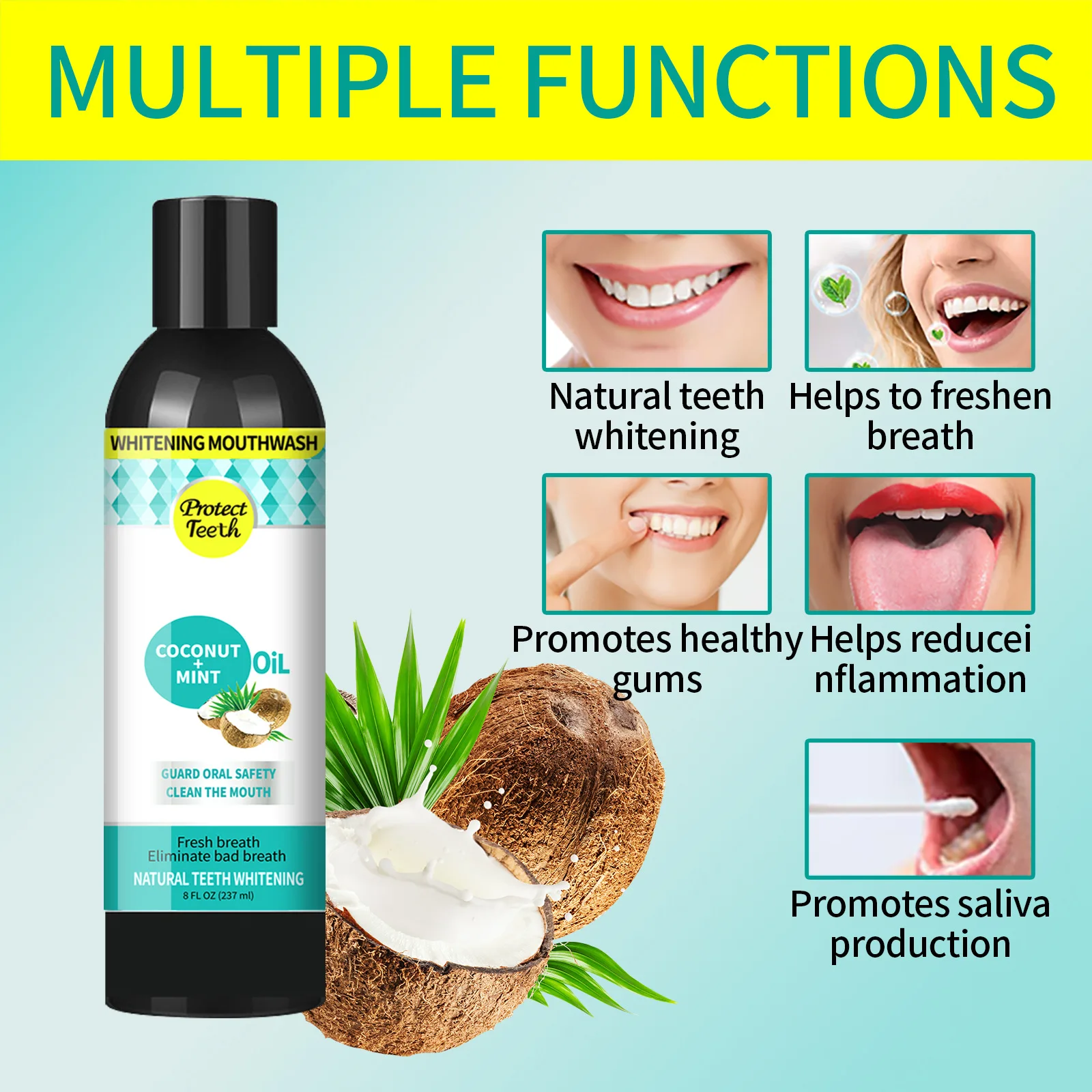237ML Mouth Wash Oral Care Pulling Oil With Coconut and Peppermint for Health Teeth Whitening Organic Mouthwash