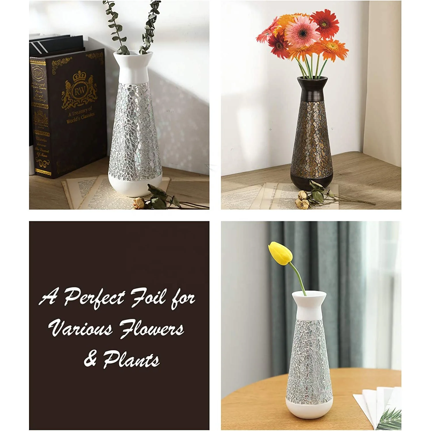 Custom Mosaic Design Decorative Vase Modern Elegant Curved Shaped Office Desktop Living Room Glass Mosaic Resin Vase Flower Vase