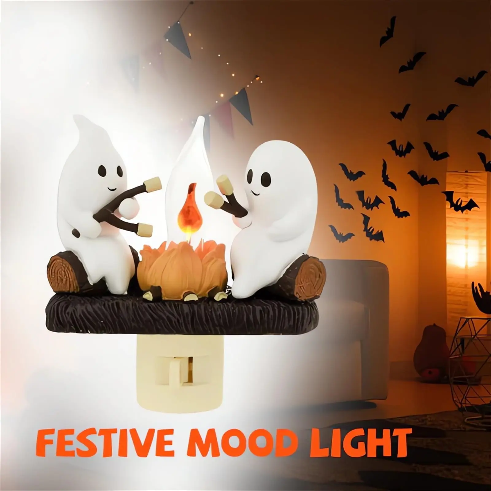 Cute Spooky Ghost Nightlight Flickering Flameless Campfire Candle in Resin Plug into Wall Lamp Anime Model Number