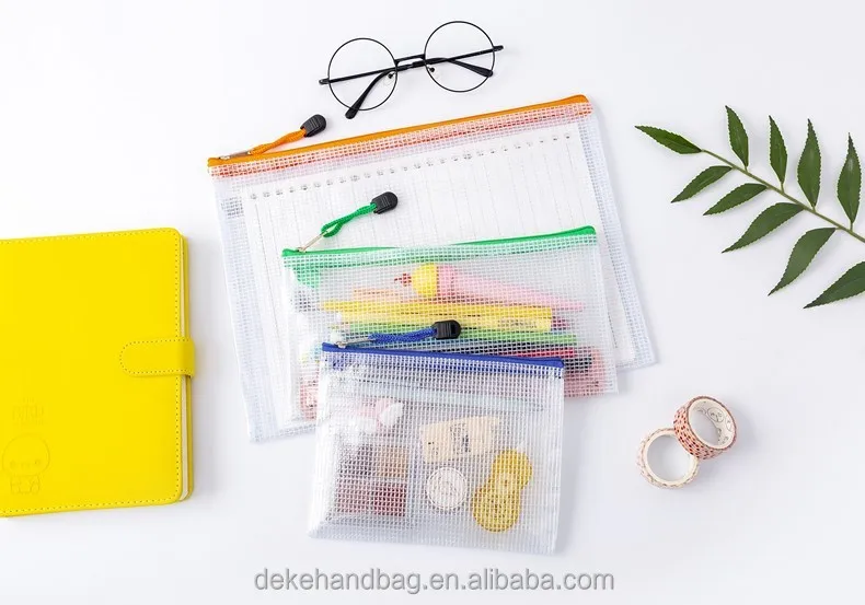 Custom Logo 0.4 Grid Mesh Clear Pvc A3 A5 B4 B5 Zipper File Bag Zipper Card Slot Transparent Document Bag for School Office
