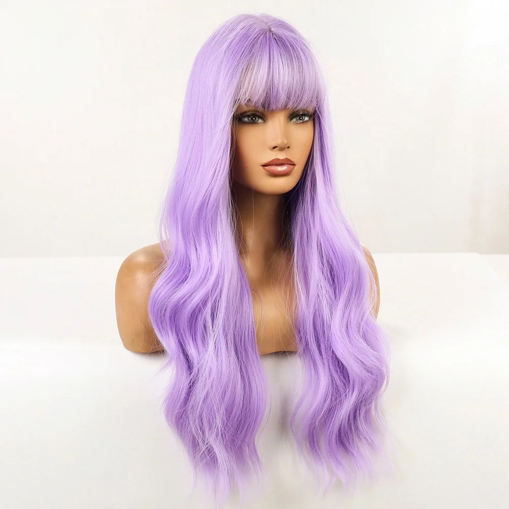 Human Hair Wig Cosplay Halloween Christmas Color Air Bangs Long Curly Hair Purple Pink Wig Headgear Real Hair Wigs For Women