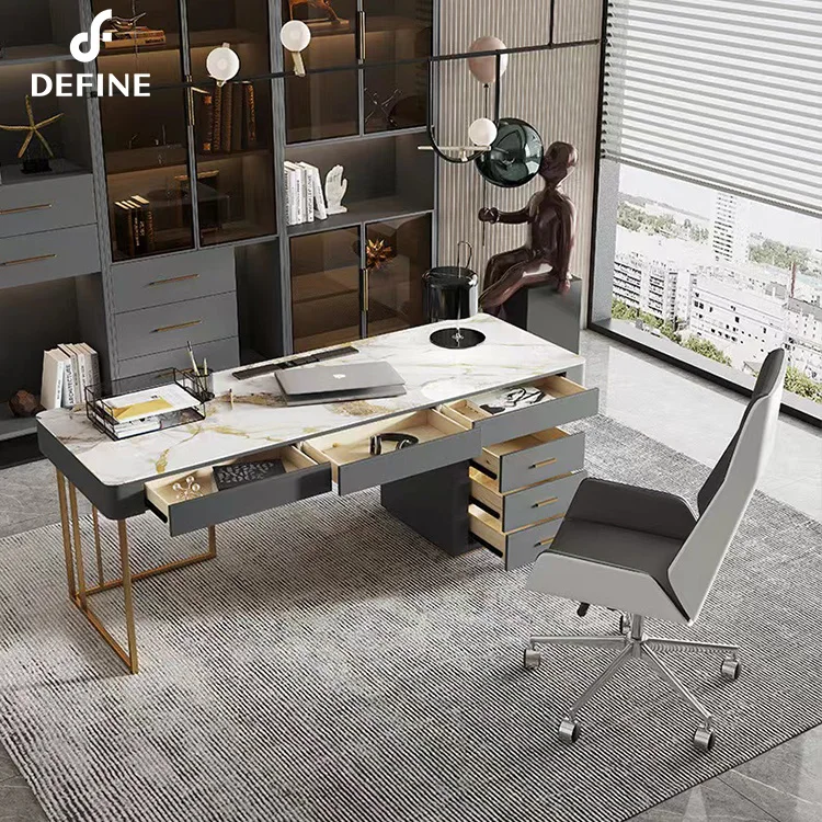 B Wooden Luxury Office Table Office Furniture Modern Luxury Design White Marble Home Office Desk With Side Board
