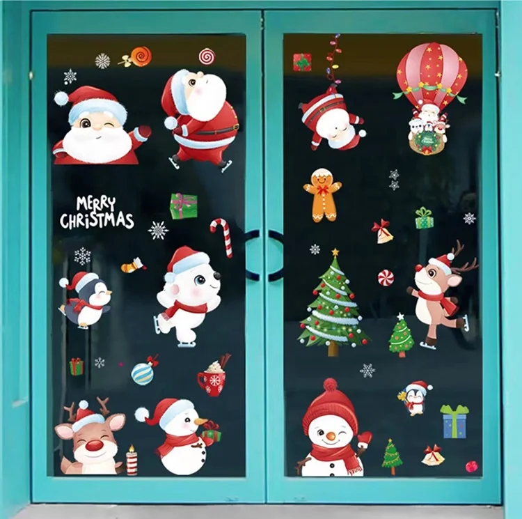 New hot air balloon santa claus elk snowman waterproof christmas tree window stickers