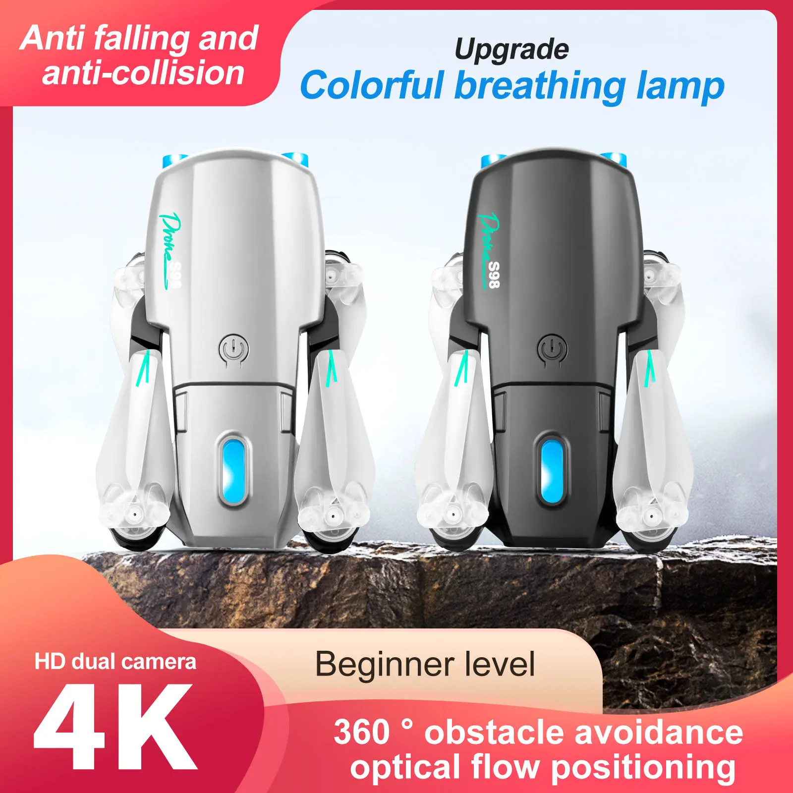 S98 2.4G Wifi Professional Manufacturer Support 360 Obstacle Avoidance LED Light Foldable Mini Drone with 4k HD Camera