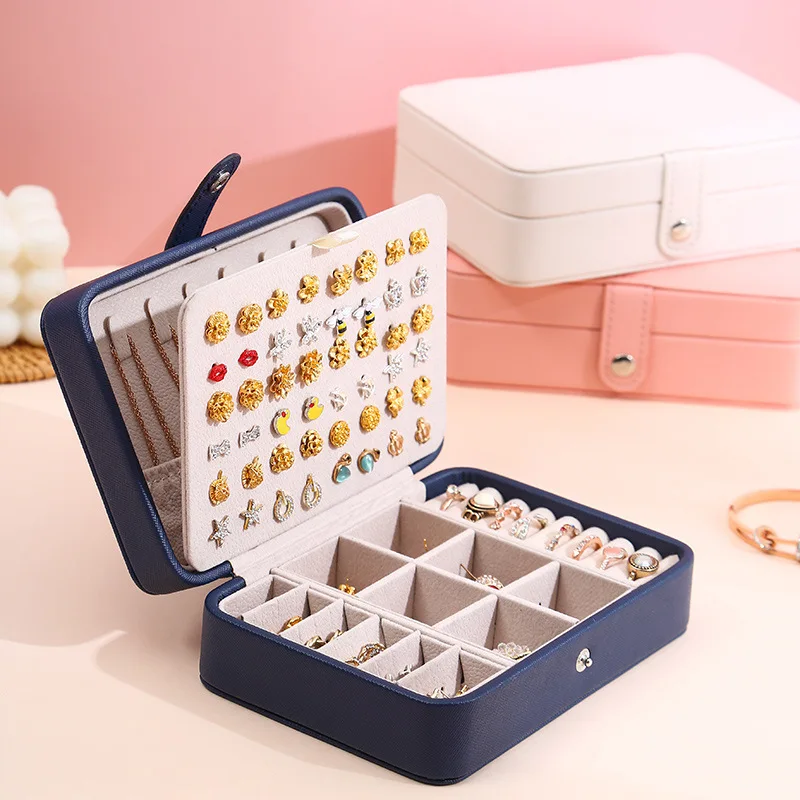 Spot new leather portable jewelry box double layer simple earrings stud ring jewelry box storage  Box wholesale