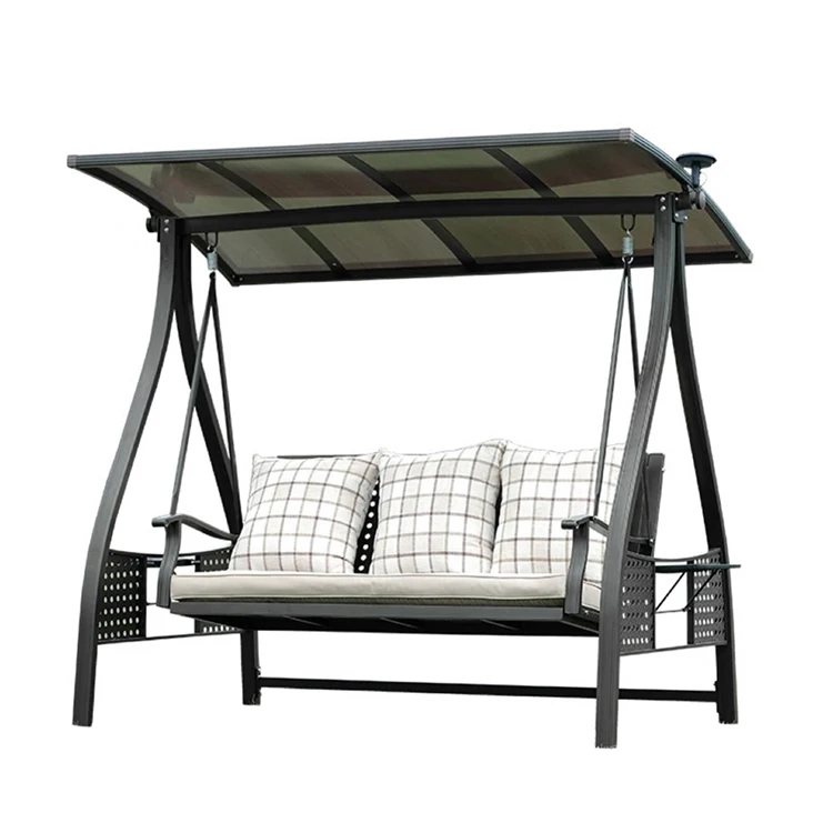 3-Seater Modern Swing Chair with LED Light Stand Solar Powered Sensory Swings for Patio Hotel Outdoor Furniture