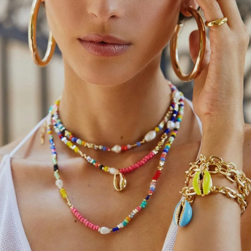 Boho красочные риса стеклянные бусины ожерелье в богемном стиле из нержавеющей стали, покрытой 18K позолоченный корпус в стиле барокко настоящая пресной воды Жемчужное ожерелье