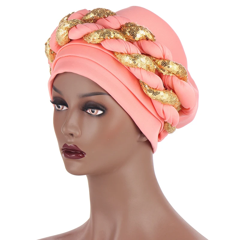 Wholesale Fashion Muslim Women Polyester Sequin Braid Turban Cap Hats
