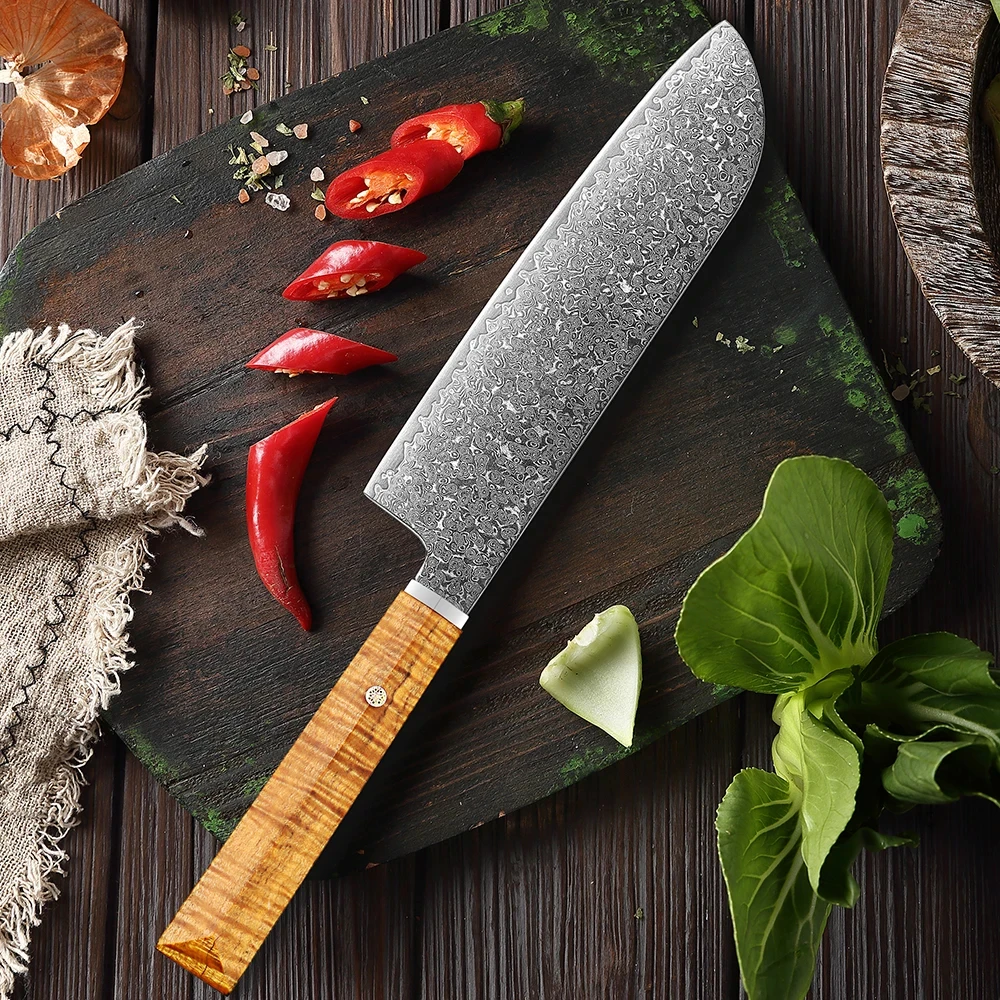 XITUO Professional Japanese Damascus Steel Kitchen Santoku Chefs Knife,Ergonomic Goldtone Handle,Super Sharp Chef Knives