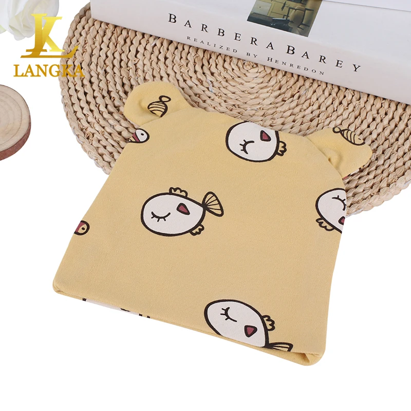 Selling yellow animal printed hat 100% organic beanie cotton baby cap hats for
