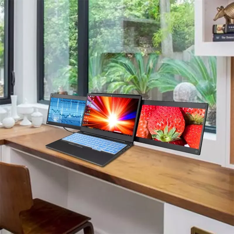 Factory 14 inch Triple Laptop Screen Extender Dual 15 inch FOPO 1080P LCD monitors portable Tri screen monitor for laptop