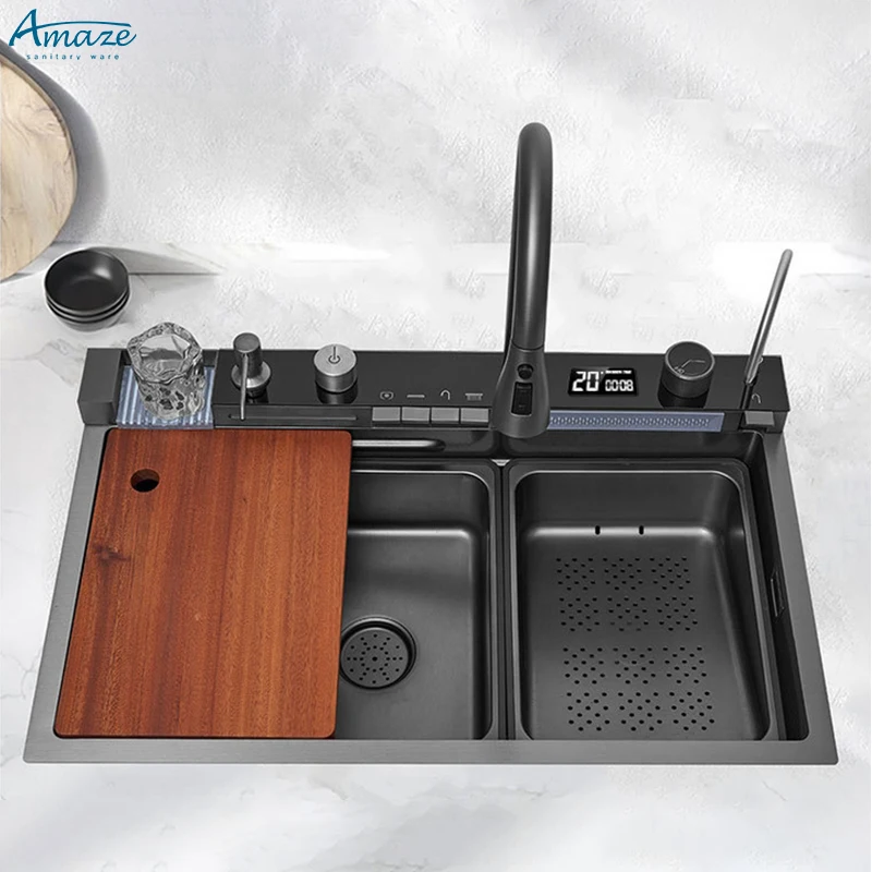 Chaozhou factory rectangular stainless steel farmhouse  led digital display multifunction waterfall faucet kitchen basin sink