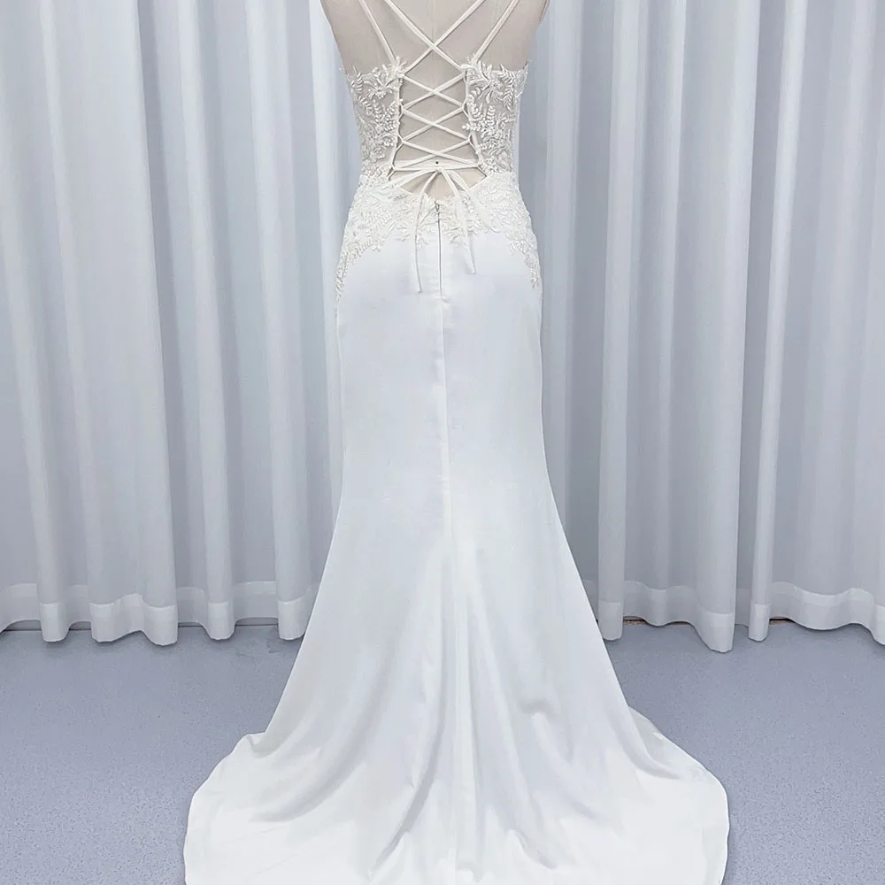 Spaghetti Strap Sheath Wedding Dress Appliqued Pearl Beaded Low Back Crepe Bridal Gown Hx03
