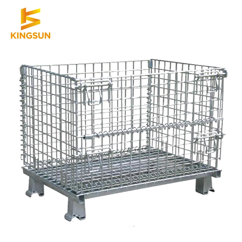 Kingsun Storage Foldable collapsible steel stackable galvanized folding wire mesh pallet wire mesh container roll cage