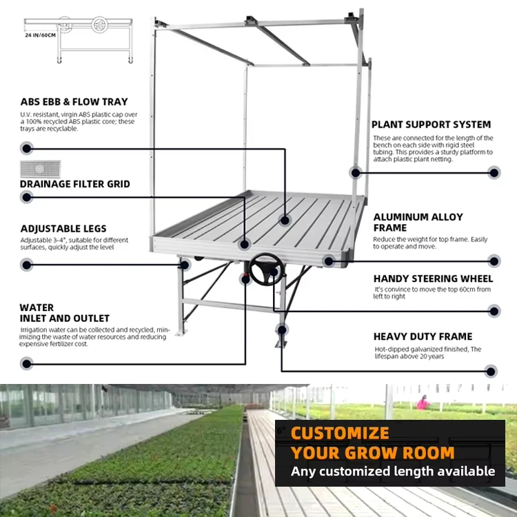 Commercial Hydroponic Systems Fruits Greenhouse Grow Table Ebb And Flow Rolling Tables/Bench With Flood Trays