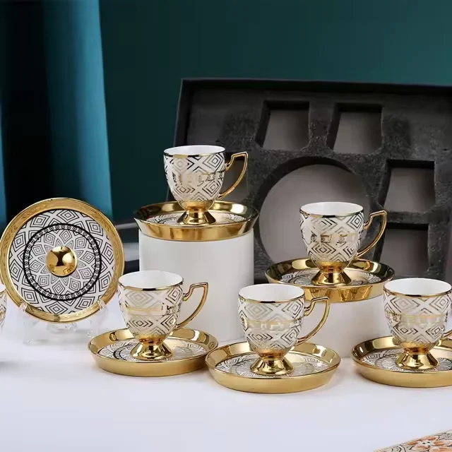 Chinese Custom Luxury Golden 6 Pcs Set Gift Box Porcelain Tea Saucers Turkish Coffee Ceramic Cup Set With handle