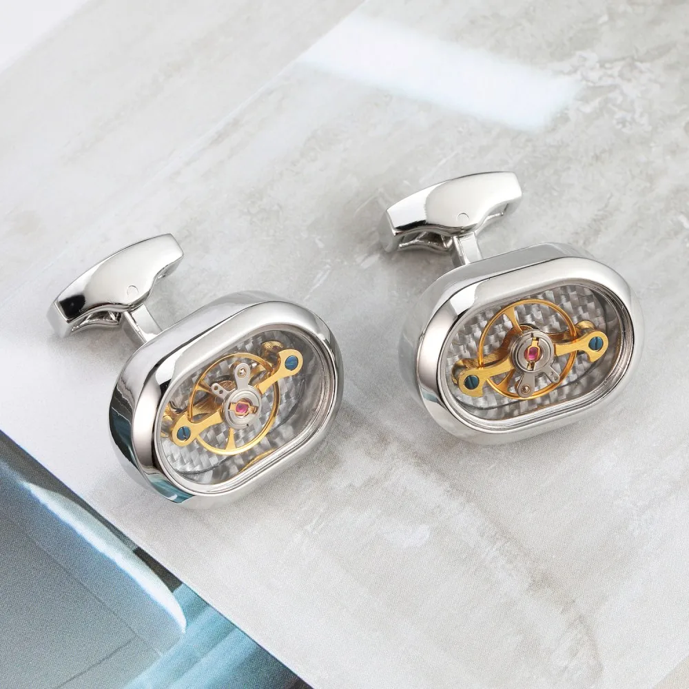 OB Jewelry-Hot Sale Movement Steel Ellipse Tourbillon Cufflinks For Mens Wedding Groom Mechanical Watch Steampunk Gear Cuff link