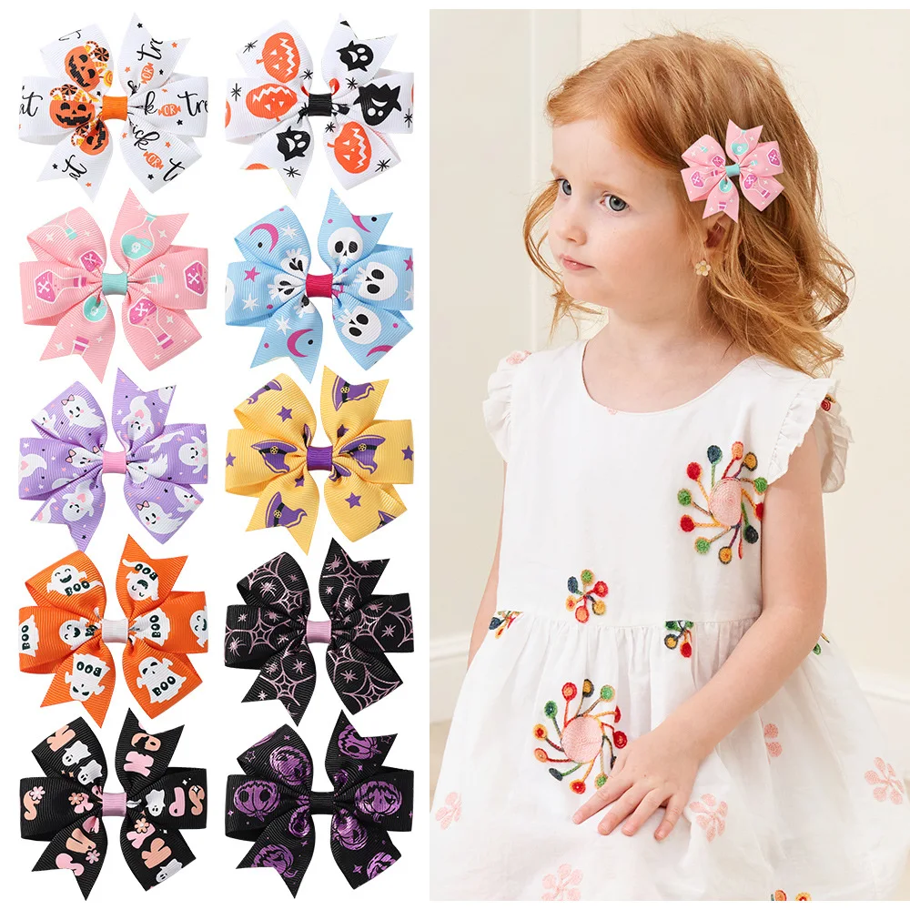 Cute Halloween Boutique Hair Bow With Flower Girls Grosgrain Ribbon HairBow for Clips Hairpin Girls Hair Accessories