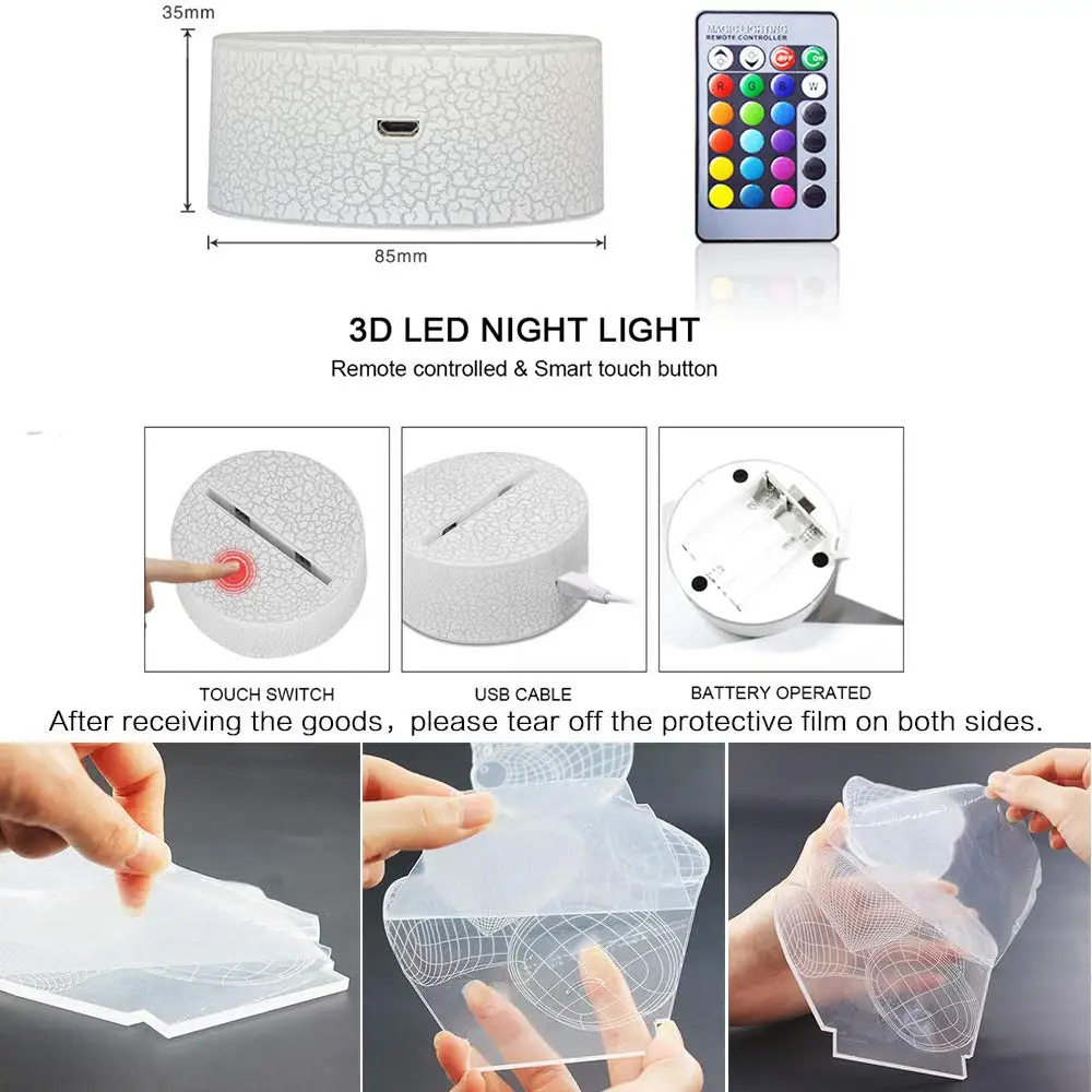 16 colors changeable creative 3D illusion night light crack base led lamp base