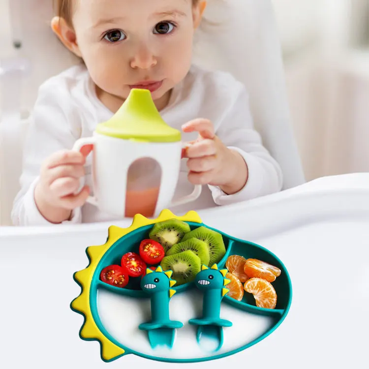 New Design Dinosaur Shape Kid Silicone Bowl Cartoon Feeding Sets Baby Plate