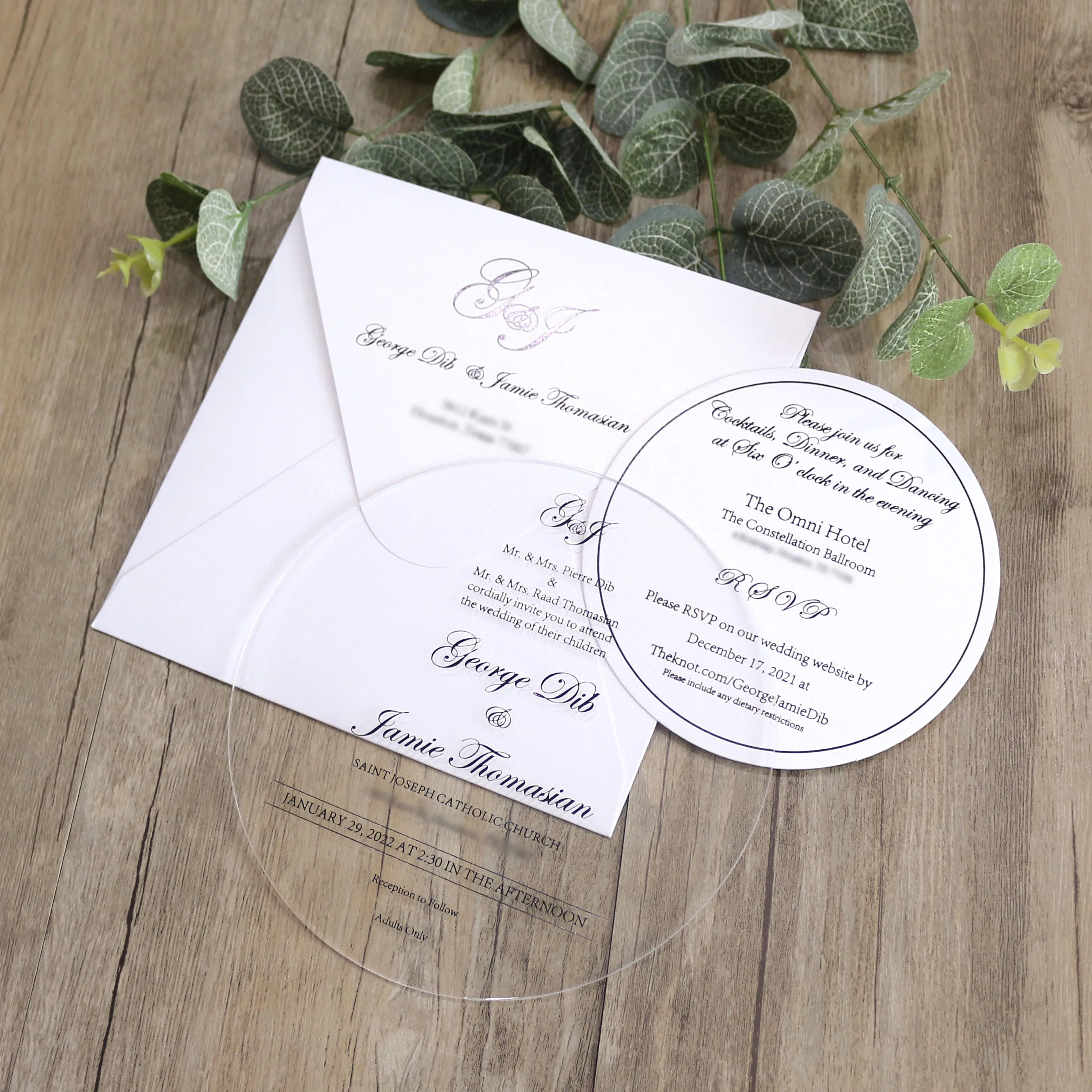 Acrylic DIY Wedding Invitation Set Round Clear Invitations White Envelope Black Foil Save Date Cards Anime Craft Music