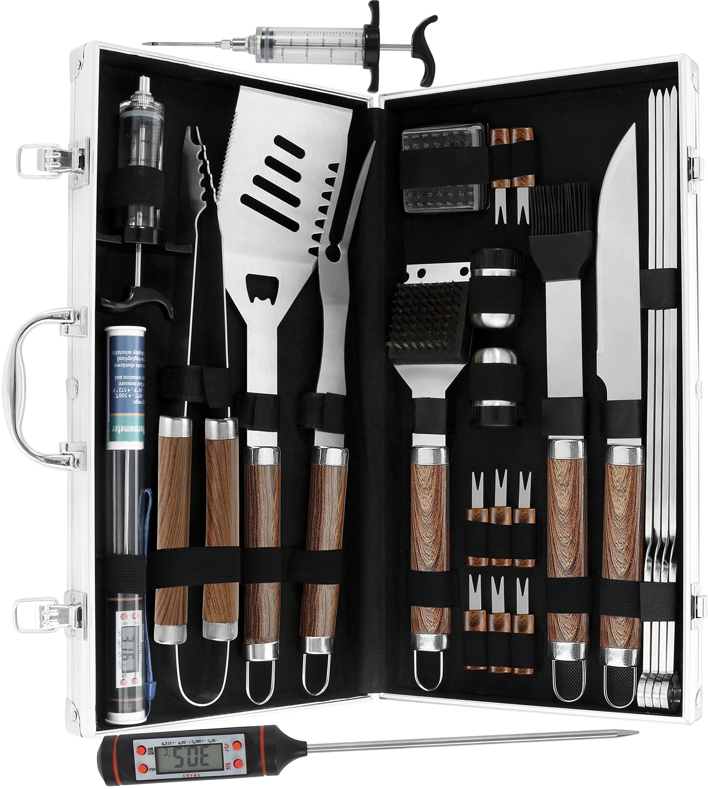 Complete BBQ Accessories in Aluminum Case Wood Handle 24PCS BBQ Tools Set Outdoor Barbecue Grill Utensils