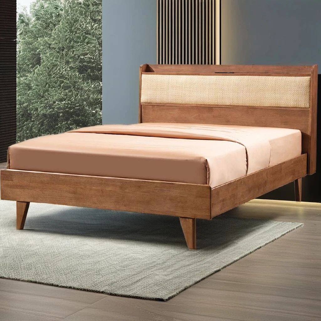Rattan woven solid wood bed Frame Cheap Indoor Bedroom Furniture King Queen Double Soft Bunk Bed Natural Finish Color