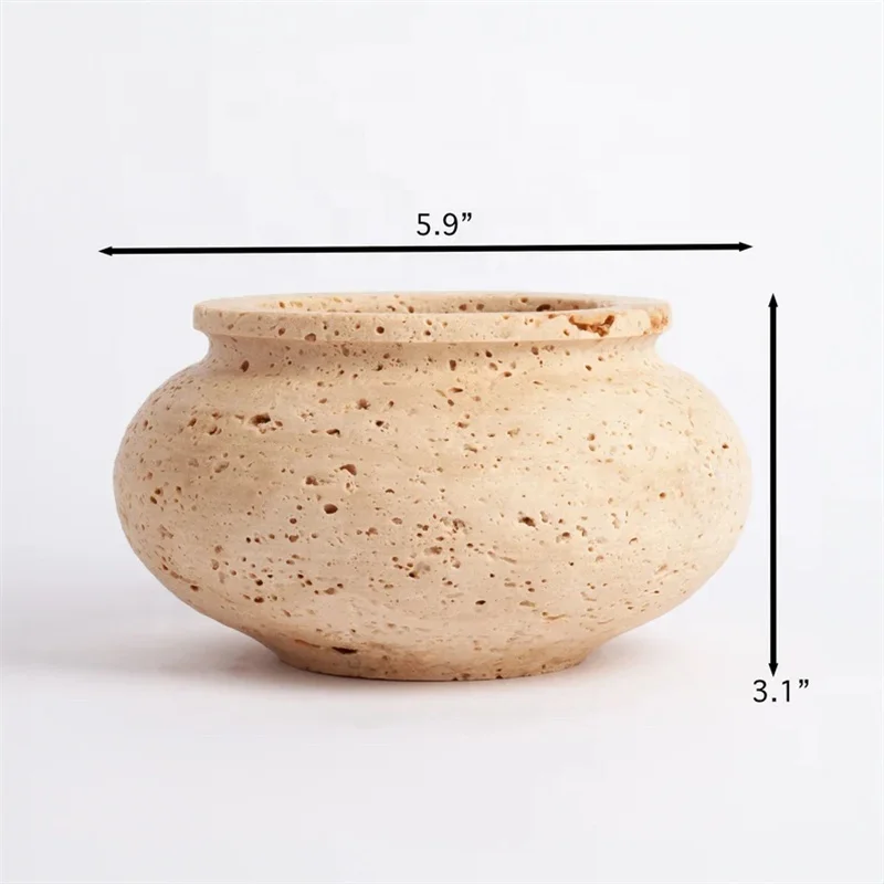 Vintage Beige Travertine Sculptural Stone Flora Vase And Planter Pot