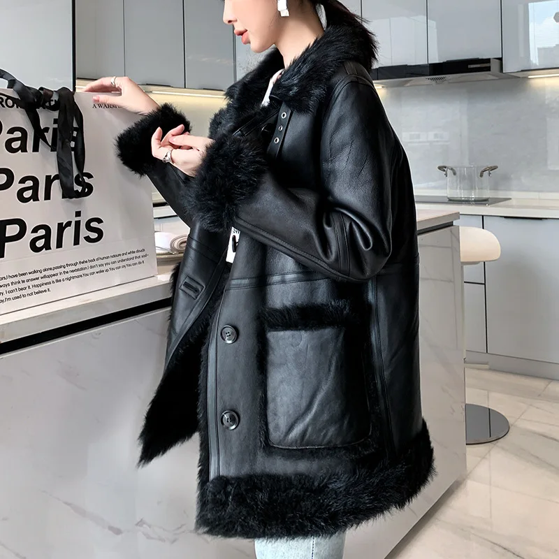 Tuscany Fur And Leather One Piece Long Style Coat Loose Street Jacket Black Cool Windproof Winter Coat For Women