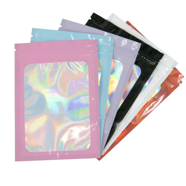 Holographic Iridescent Packing Mylar Bag with Clear Window Ziplock Laser Pouch Food Storage Sealable Flat Plastic Bag