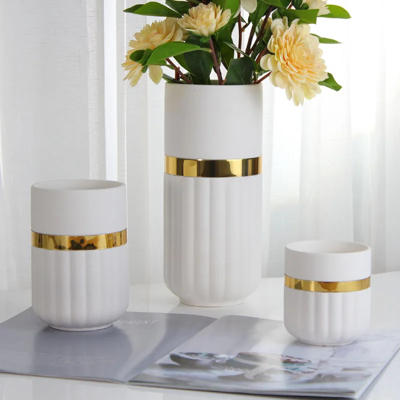European Style Modern Tabletop White Gold Luxury Cylinder Ceramic Flower Vase for Home Decor