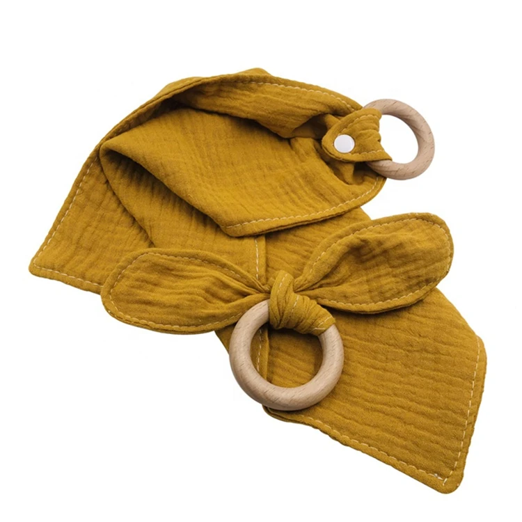 
2pc/Set Baby Muslin Cotton Bib Teething Chewable Wooden Toy Bunny Ear Wooden Teether Ring With Bib 