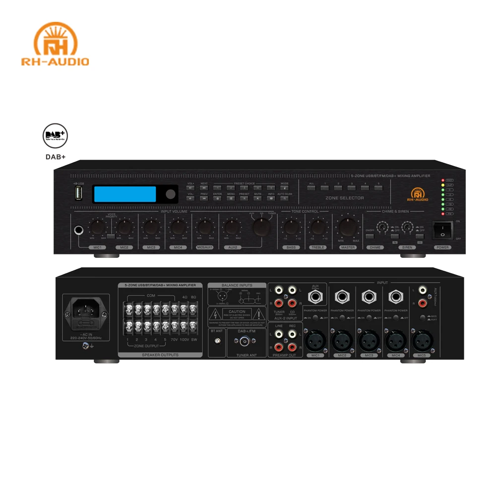 RH-AUDIO 5 зоны MP3 радио PA Усилитель мощности с USB BT FM DAB