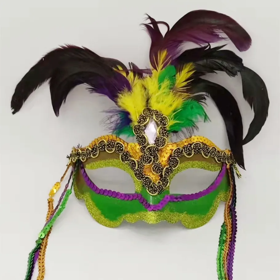 Purple Green Gold Sequin and Feather Mask Feather Mardi Gras Masquerade Mask Glitter Fancy Feather and Gemstone Accent Mask
