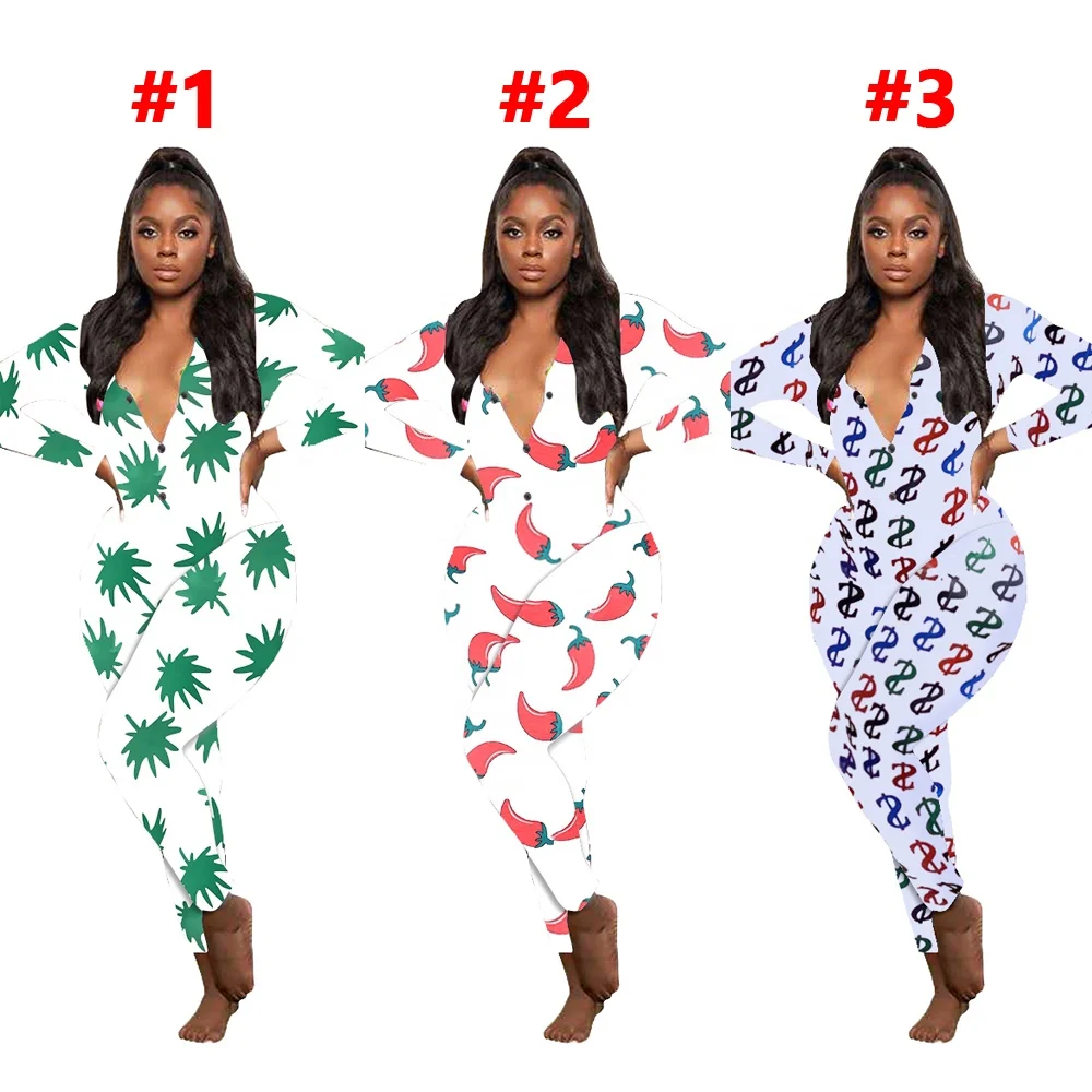 
2021 Fashion Long Sleeve Printed Sexy Bodycon Sleepwear Pajama Adult Onesie For Women 