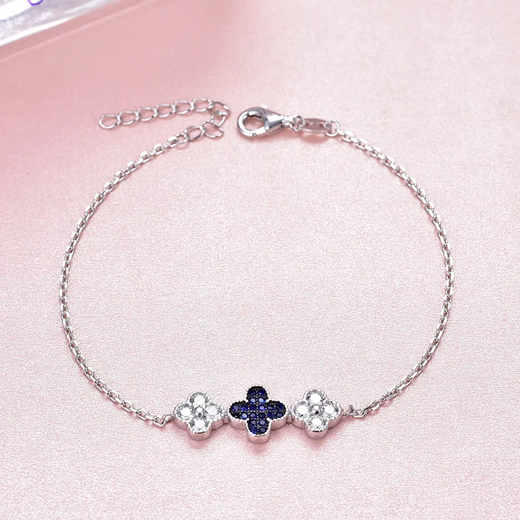 Customizable Four Leaf Clover Bracelet 925 Sterling Silver Cubic Zirconia Macrame Clover Bracelets