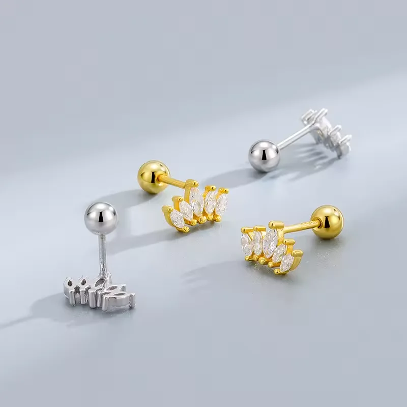 Fashion Luxury  Silver 925  Inlaid Horse Eye Zircon  Princess  Crown  Screw Back Stud Earrings for Women Jewelry Making