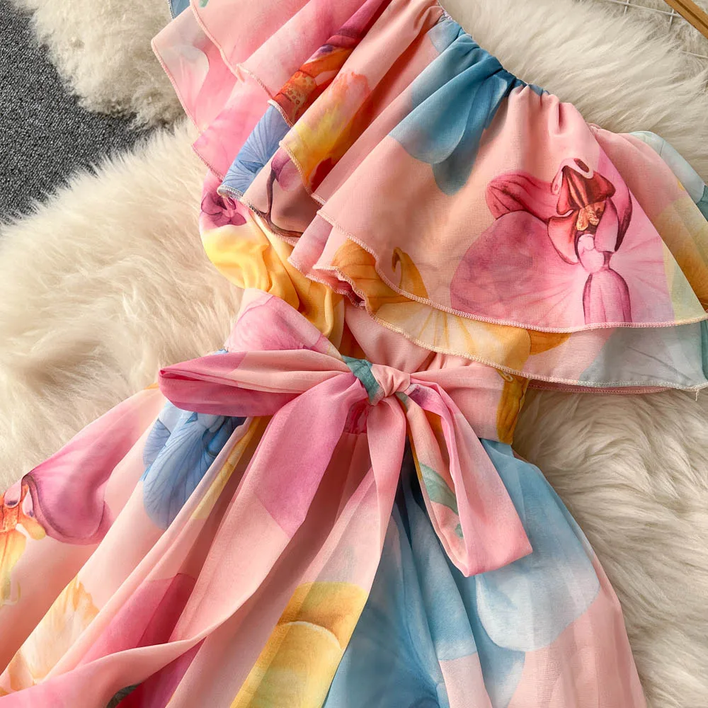 New Irregular Slanted Shoulder Chiffon Floral  Long Dress Vestidos Women Elegant Summer Casual Dresses