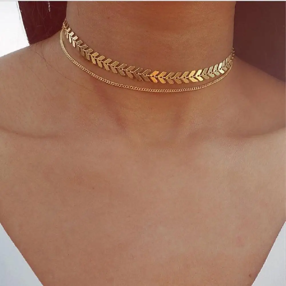 Multi Arrow Choker Necklace Women Two Layers Necklaces Gold Color Fish bone Airplane Necklace Flat Chain Choker On Neck Jewelry