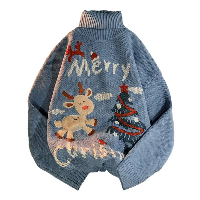 Black Friday Custom Logo Xmas Tree Deer Elk Jacquard Knitted Turtleneck Pullover Ugly Christmas Sweater Plus Size Men