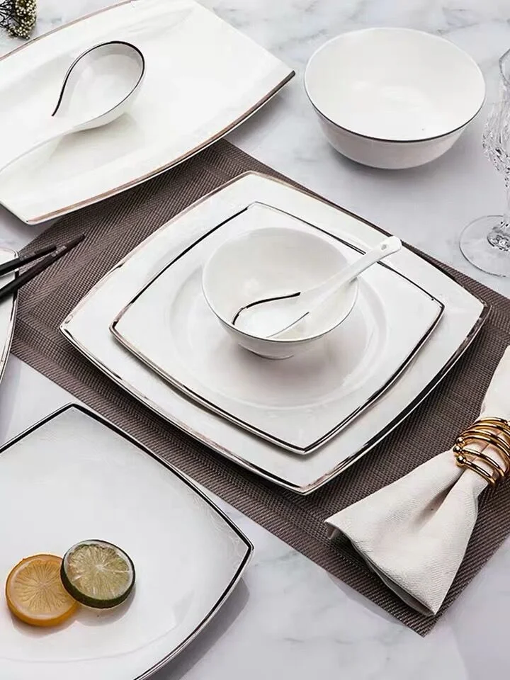 Wholesale bone china tableware sets White ceramic dinnerware charger plates Hotel used silver rim porcelain square dinner plates
