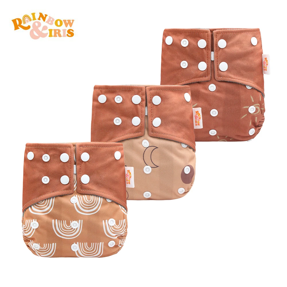 Rainbo&Iris Neutral Print Bamboo Charcoal Pocket Cloth Diaper with Leak Guard One Size Fit All 3-15kg