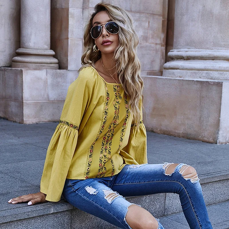 Hot Sale Solid Color Printed Floral Loose Flared Long Sleeves Yellow O-neck Women Casual Blouse