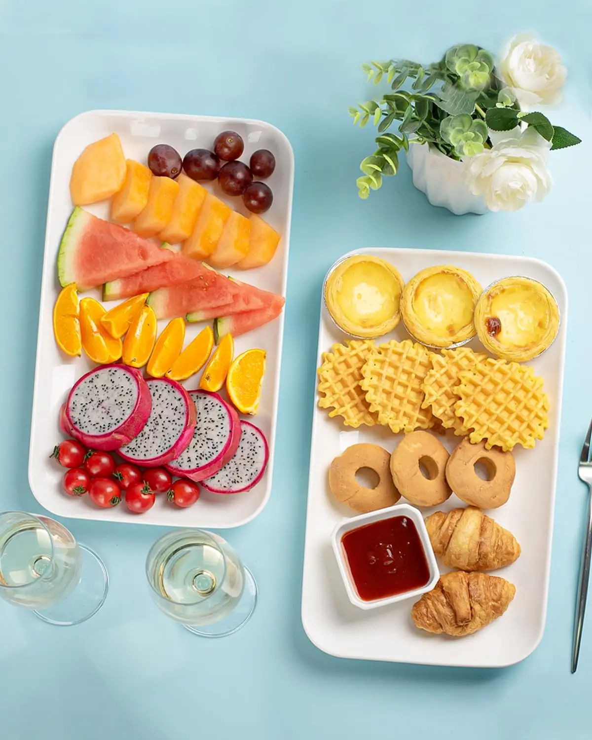 3 Tier Serving Tray with 14x8in Platters, Rotatable & Foldable Tiered Food Display Stand for Durable Serving Trays