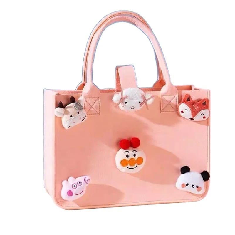 Upin Tote Bag Casual Cute Pink Yellow Cartoon Decor Felt Baby Diaper Caddy Bag