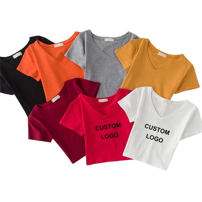 OEM Wholesale 95% Cotton 5% Spandex Customized Printing Logo V Neck Women Slim Fit Crop top T Shirt